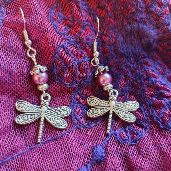 Pretty Silver Dragonfly Drop Earrings, Mom gift, silver dangles, teen earring, bridesmaid gift, pearl earring, homemade