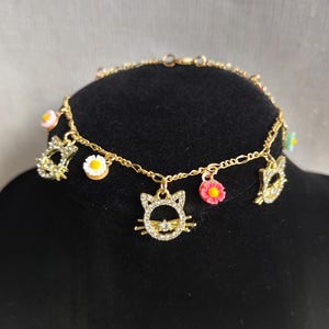 Crystal Cat & Flower Charm Bracelet: 18K Gold Plated, Handmade