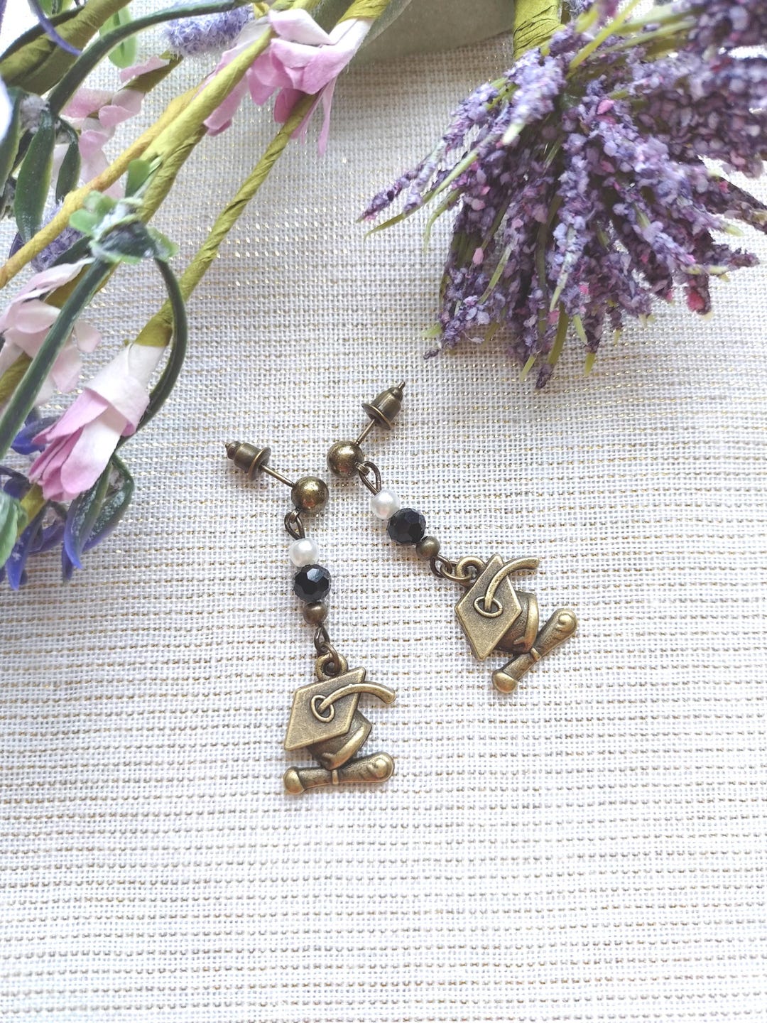 Antique Brass Graduation Dangle Earrings. Gift for Grads. Black Accents ...
