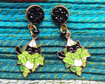 Black Cat Ivy Pot Dangle Earrings: Whimsical Kitten Jewelry