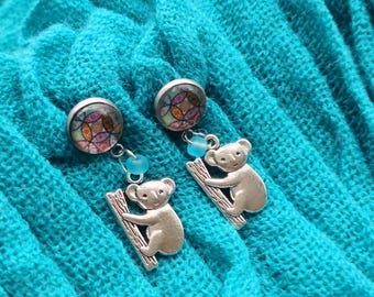 Koala Bear Earrings: Silver Tone Mandala Cabochon, Zoo Animal Jewelry