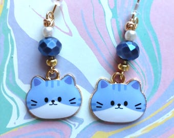 Enameled Cat Drop Earrings, Purple Beads, Whimsical Kitten Dangles