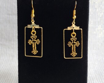 Gold Tone Fleur de Lis Cross Earrings: Religious Christian Jewelry
