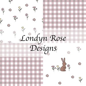 Puede incluir: Un dise&ntilde;o digital con cuatro patrones. Dos patrones presentan fondos blancos con ilustraciones florales rosas y amarillas. Los otros dos patrones son de cuadros rosas y blancos. Un conejo marr&oacute;n est&aacute; rodeado de flores. El texto "Londyn Rose Designs" est&aacute; en el centro.
