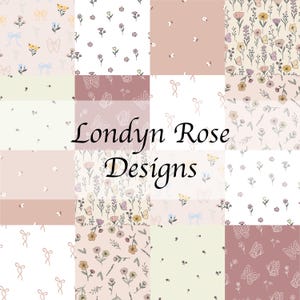 May include: A collection of floral and butterfly patterns in soft pastel colors. The designs include bows, flowers, and butterflies on a variety of backgrounds, including pink, cream, and white. The text "Londyn Rose Designs" is displayed in the center.
