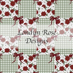 Christmas gingham seamless pattern, bows, floral