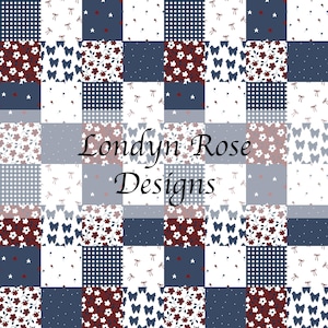 Puede incluir: Un diseño de patchwork con cuadrados con varios patrones. Los patrones incluyen diseños florales, lazos, cuadros y lunares en tonos de rojo, blanco y azul. El texto "Londyn Rose Designs" está centrado.