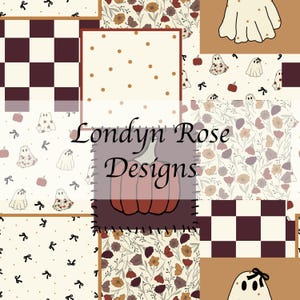 May include: A patchwork design featuring various patterns, including polka dots, floral arrangements, and checkered squares. The design incorporates a pumpkin, ghosts, and bows, with the text "Londyn Rose Designs" overlaid.