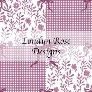 Puede incluir: Un diseño digital con cuatro patrones distintos en tonos morados y blancos. Los patrones incluyen diseños florales y de cuadros, con lazos y el texto "Londyn Rose Designs".
