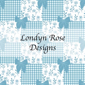 May include: A repeating pattern with light blue bows, gingham checks, and floral sprigs on a white backdrop. The text "Londyn Rose Designs" is centered in a script font. Ideal for fabric or wallpaper.