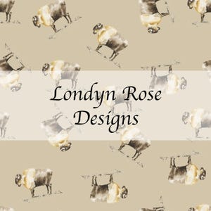 May include: A repeating pattern of watercolor-style sheep in shades of brown and cream on a tan background. The text "Londyn Rose Designs" is displayed in a white banner across the center of the image.