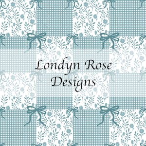 May include: A seamless pattern featuring a patchwork design with floral and gingham elements in shades of white and teal. Teal bows accent the design. The text "Londyn Rose Designs" is centered.