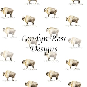 May include: A seamless pattern featuring watercolor illustrations of brown and white bison on a white background. The text "Londyn Rose Designs" is centered in the pattern.