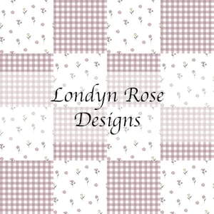 Könnte beinhalten: Ein Patchwork-Design mit abwechselnden Quadraten aus floralen Mustern und Vichy-Karos in Weiß und Mauve. Der Text "Londyn Rose Designs" ist mittig auf dem Bild platziert.