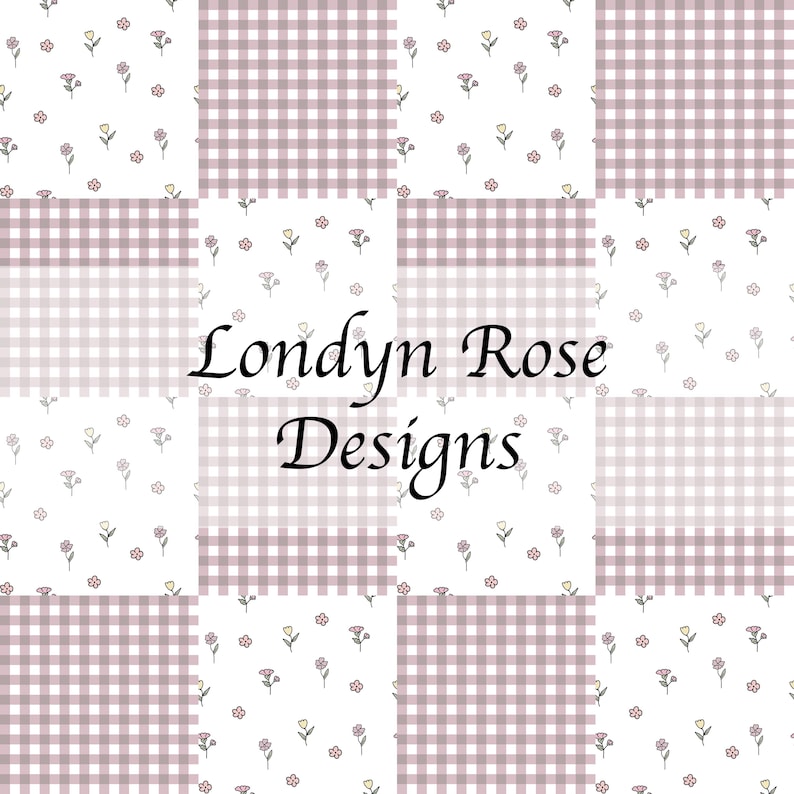 Puede incluir: Un dise&ntilde;o de patchwork con cuadrados alternos de estampados florales y cuadros de vichy en blanco y malva. El texto "Londyn Rose Designs" est&aacute; centrado en la imagen.