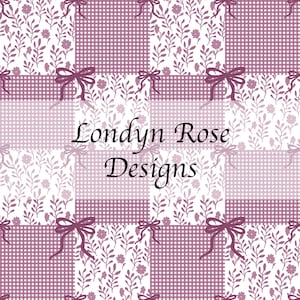 May include: A repeating pattern featuring squares of floral and gingham designs in shades of white and mauve. The design includes mauve bows and the text "Londyn Rose Designs".