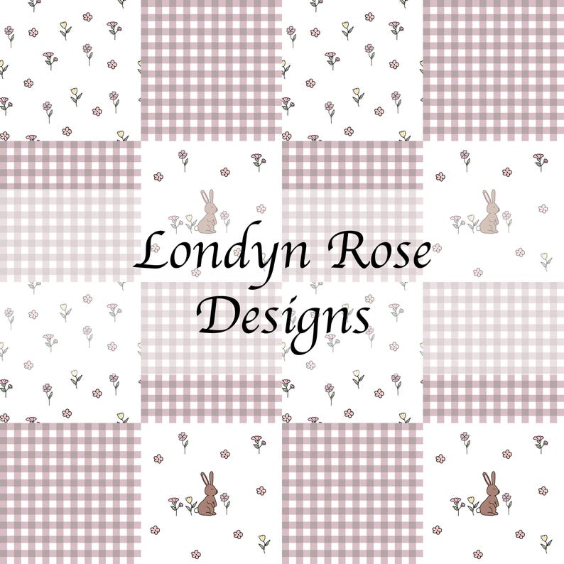 Puede incluir: Un dise&ntilde;o de patchwork con cuadrados alternos de cuadros y patrones florales. Los cuadrados florales tienen peque&ntilde;as flores y una ilustraci&oacute;n de conejito. Los cuadrados de cuadros son de color malva apagado. El texto "Londyn Rose Designs" est&aacute; en el centro.