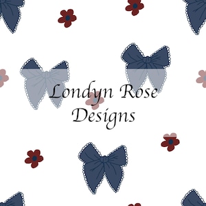 Puede incluir: Patrón repetido de lazos azul marino con bordes festoneados y pequeñas flores granates sobre fondo blanco. El texto "Londyn Rose Designs" está centrado en la imagen en escritura negra.