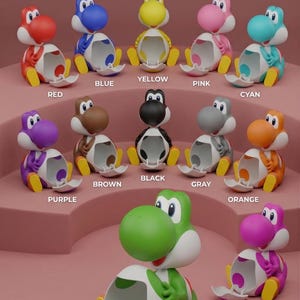May include: Twelve Yoshi figures in various colours, including red, blue, yellow, pink, cyan, purple, brown, black, grey, orange, green, and magenta. The text "CHOOSE YOUR COLOR! 12 OPTIONS AVAILABLE" is displayed at the top of the image.