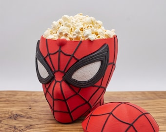 Seau à popcorn Spider-Man rouge avec couvercle | Bol à snacks tête de Spider-Man | Décoration pour soirées cinéma et jeux vidéo | Bonbonnière et porte-buste de super-héros