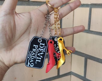 De-vil wears pra-da Keychain Set | Golden Stiletto & Movie Tag | Red High Heel Accessory | Designer Stylist Gift | D-evil W-ears P-ra-da