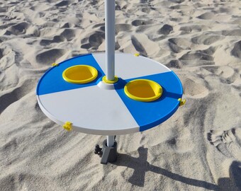 Custom Beach Umbrella Table Tray with Cup Holders | Modular Sand-Free Patio & Beach Stand | Universal Pole Clamp Table with Utility Hooks