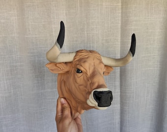 Barrosão Bull Head Wall Mount Statue | Portuguese Longhorn Cattle Bust | Rustic Farmhouse Mount | Gerês & Montalegre Wildlife Decor