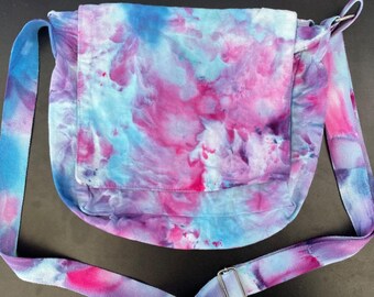 Tie dye messenger bag. Light blue, fuchsia and purple