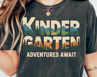 Kindergarten Adventure Teacher Shirt, Adventures Await Back to School Gift,Nature Kinder Teacher Team T-Shirt,Matching Mountains Crew Shirts