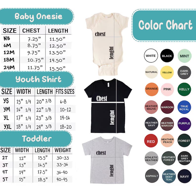 May include: Size chart for baby onesies, youth shirts, and toddler shirts. The chart includes measurements for chest, length, width, and weight. The chart also includes a color chart with various colors, including white, black, mint, natural, yellow, dark grey, orange, pink, kelly, heather mauve, maroon, true royal, heather navy, heather maroon, purple, red, heather peach, forest, athletic heather, heather forest, dark grey heather, asphalt, heather deep teal, and navy.