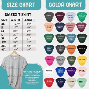 May include: Unisex t-shirt size chart with measurements in inches and a color chart showing 24 different colors of t-shirts. The chart includes colors like asphalt, maroon, light blue, kelly, heather peach, heather navy, heather mauve, heather maroon, heather green, heather forest, heather deep teal, forest, deep teal, heather dark grey, orange, black, berry, athletic heather, military green, yellow, white, true royal, purple, pink, red, navy, natural, and mint.