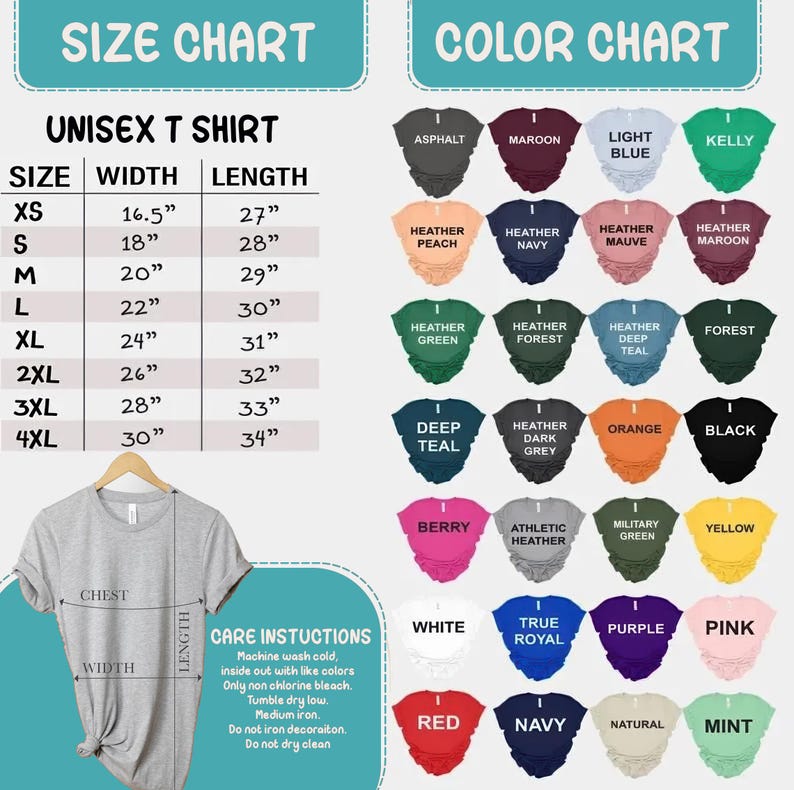 May include: Unisex t-shirt size chart with measurements in inches and a color chart showing 24 different colors of t-shirts. The chart includes colors like asphalt, maroon, light blue, kelly, heather peach, heather navy, heather mauve, heather maroon, heather green, heather forest, heather deep teal, forest, deep teal, heather dark grey, orange, black, berry, athletic heather, military green, yellow, white, true royal, purple, pink, red, navy, natural, and mint.