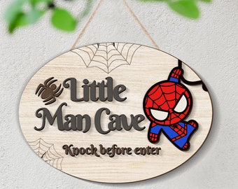 Little Man Cave, kids bedroom wall decor, baby shower gift, personalized wooden plaque bearing the child's name, bedroom door sign
