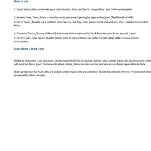 Pode incluir: Um documento digital intitulado WC-01 Window Cleaning Quote & Margin Calculator. O texto fornece instruções sobre como usar a planilha, incluindo etapas para definir taxas e usar a ferramenta de criação de orçamentos.