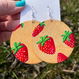 Hand painted wooden strawberry earrings-Large lightweight wooden earrings-strawberry painted earrings