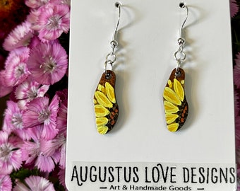 Hand painted wooden sunflower earrings-Lightweight wooden dangle earrings-spring and summer earrings
