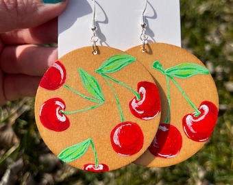 Hand painted wooden cherry earrings-Large lightweight wooden earrings-cherry painted earrings