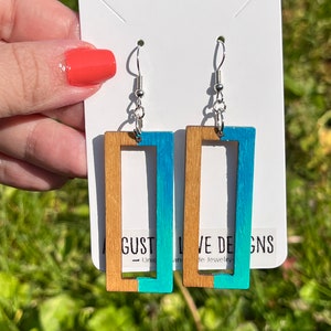 Rectangle Ombre Turquoise Hand Painted Dangle Earrings-Wood Earring-Rectangle Earring-Statement Earring-Ocean Earrings