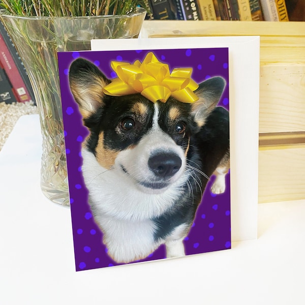 Bow Corgi Birthday Card, Tri-Color Corgi, Pembroke Welsh Corgi, Corgi Gift