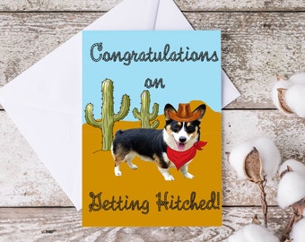 Corgi Wedding Card, Getting Hitched Card, Funny Dog Wedding Card, Tri-Color Corgi, Corgi Bachelorette, Western Wedding Card, Cowboy Wedding