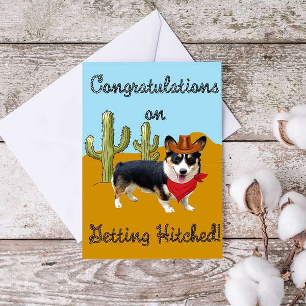 Corgi Wedding Card, Getting Hitched Card, Funny Dog Wedding Card, Tri-Color Corgi, Corgi Bachelorette, Western Wedding Card, Cowboy Wedding