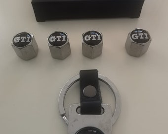 VW GTI Aluminium Tyre Valve Dust Caps & Keychain Tensioner Wrench.