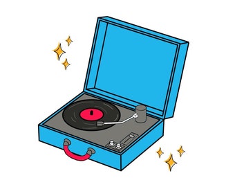 May include: A bright blue portable record player with a red handle and a black vinyl record featuring a red center label. The turntable includes a white tonearm, control knobs, and a slider, accented by small yellow star-shaped sparkles.