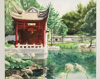 Original watercolor - Chinese garden at the Montreal Botanical Garden,