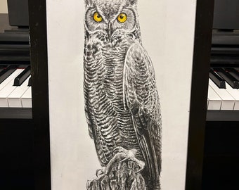 Great horned owl, he’s looking at you! Original Charcoal and pastel