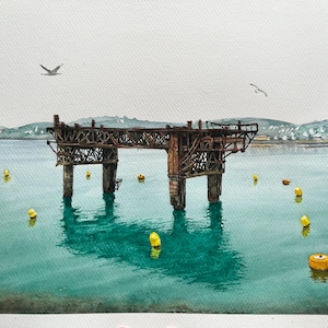 Original watercolor - Querqueville docking platform in Cherbourg harbor