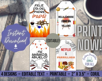 Feliz Dia del Padre Gift Tag/Editable/Printable/4 Design/Dia del Padre Parrillada Hang Tag/Spanish/Download/Fathers Day Wine Tag/Abuelo/Papa