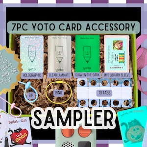 Sampler voor Yoto-kaartaccessoires: holografisch, glow-in-the-Dark, doorzichtige kaartlabels, ring, ritssluiting en lipjes, zelfklevend zakje voor bibliotheeksysteem!