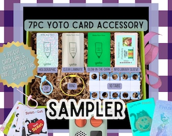 7PC Yoto Card Accessory Sampler: Holographic, Glow-in-the-Dark, Clear Card Labels, Ring, Zip, and Tabs, Library System Self-Adhesive Pocket!