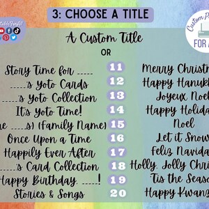 Op de afbeelding: Een kleurrijk schema met 20 titelmogelijkheden voor een yoto-kaartencollectie. Het schema heeft een regenboogachtergrond met een paarse rand. De titelmogelijkheden omvatten "Story Time for...", "... 's yoto Cards", "... 's yoto Collection", "It's yoto Time!" en meer.